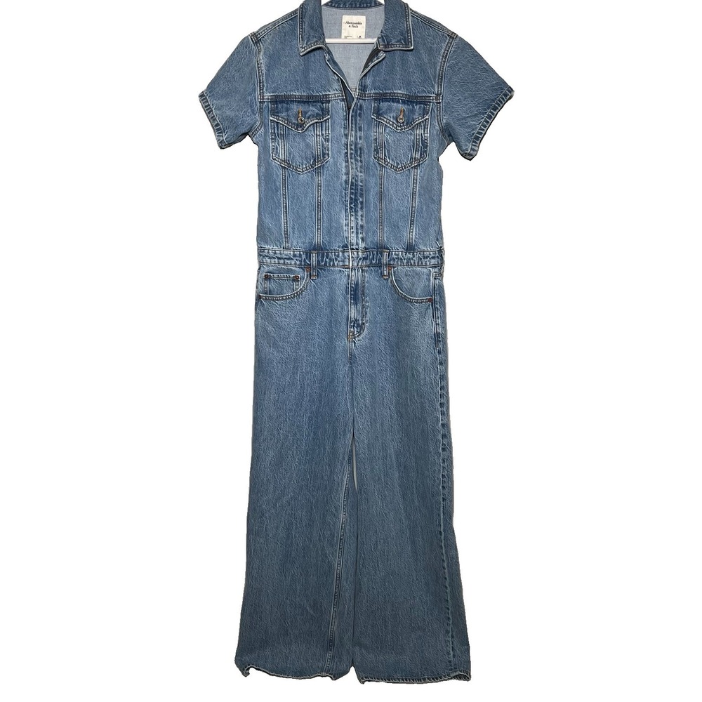 Abercrombie Fitch 70s Retro Utility Denim Jumpsuit M Wide Leg Zip Up Western